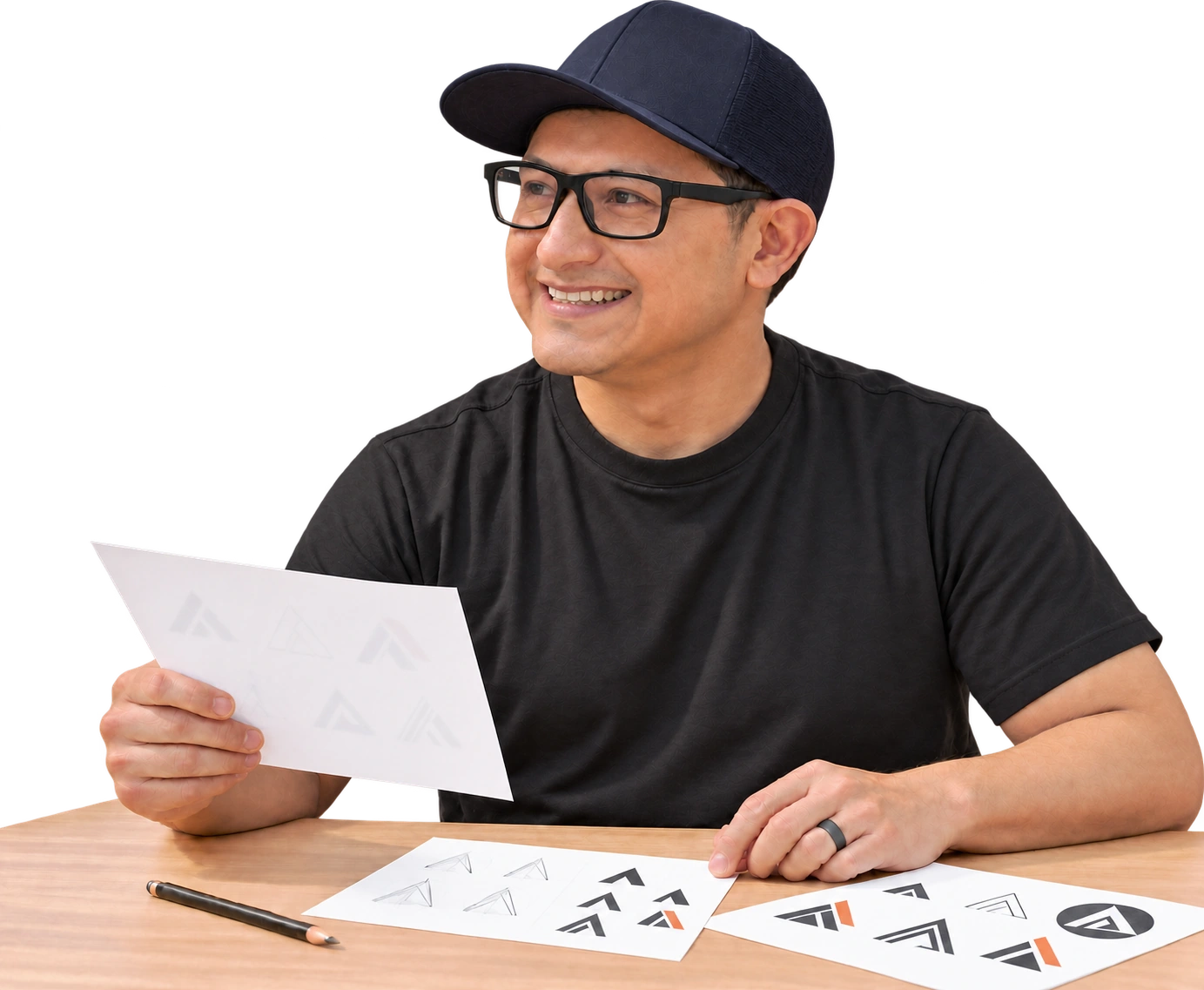Ricardo Un reviewing logo exploration sheets at a desk